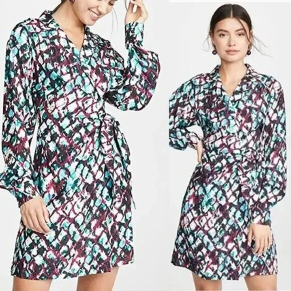 Saloni Mari Long Sleeve Multicolor Geometric Boho Wrap Mini Dress Silk Size 4 - Picture 1 of 4